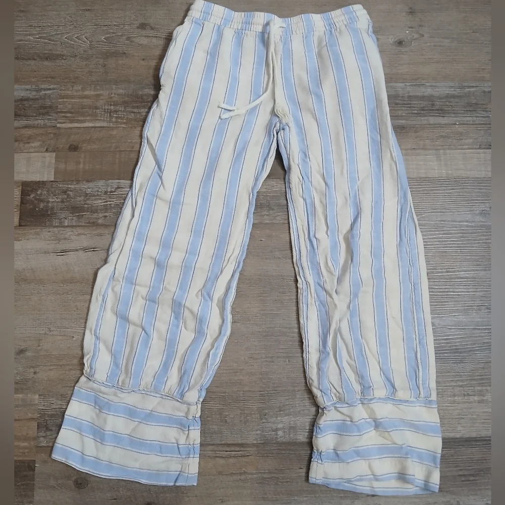 H&M Divided Striped Pants Women XS Blue Cream Linen Blend Boho Wide Leg Ruffle